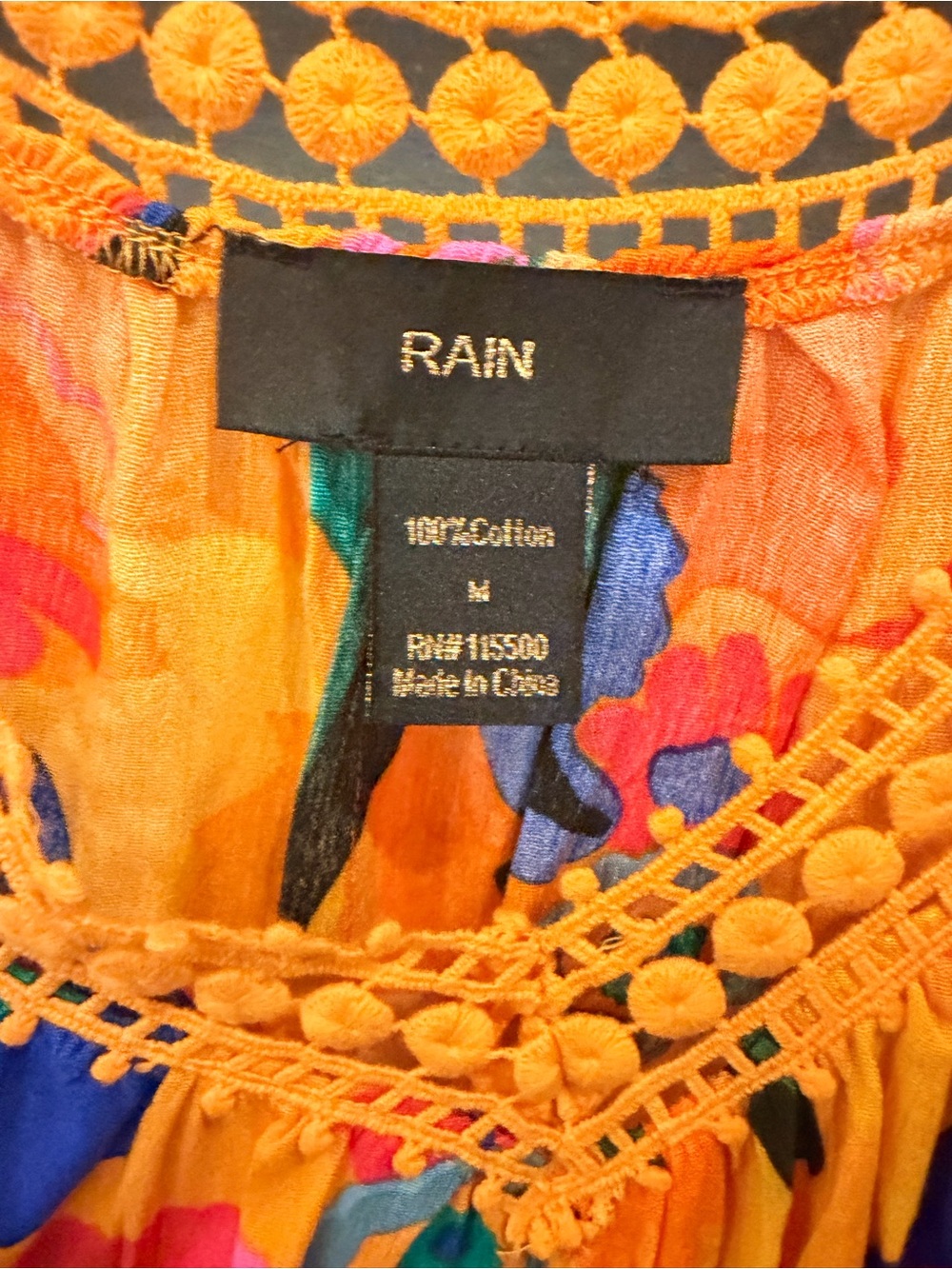 RAIN Orange Floral Boho Crochet Cold Shoulder Bell Sleeve Top Medium - Picture 4 of 9